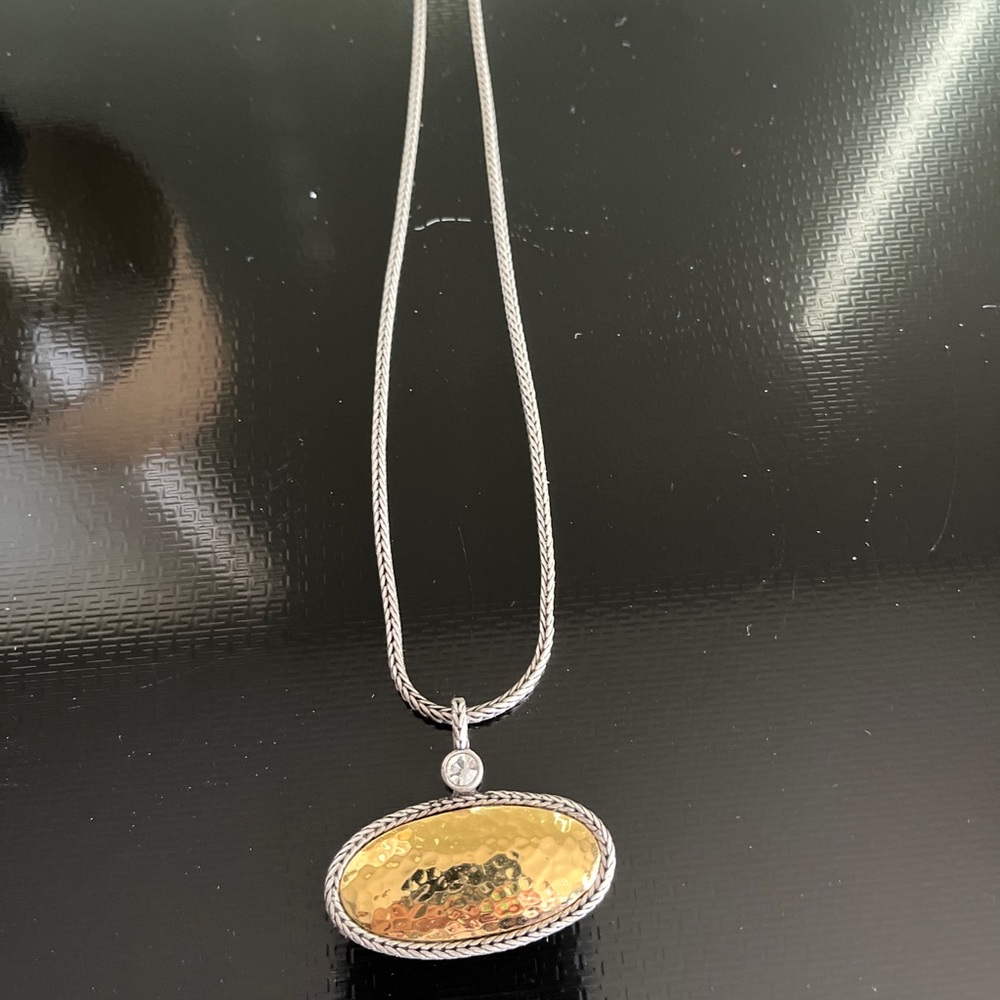 Premier Design 2-tone necklace with oval gold hammered design with clear stone